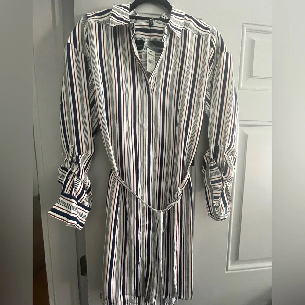 Express Women’s Portofino Shirt Dress, Size L, Blue & Burgundy Stripe. - Picture 2 of 6
